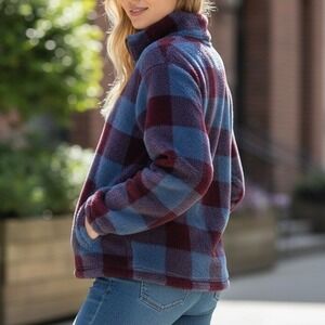 Eddie Bauer - Blue Burgundy Buffalo Plaid Sherpa Fleece Quarter Zip Pullover